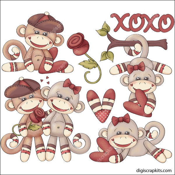 Monkey Love - Clip Art Designs Graphics Illustrations Sublimation PNG Instant Digital Download, Commercial Use Allowed