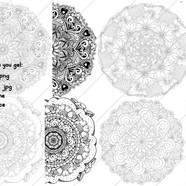 Floral Mandalas 10-pk Zentangle®Inspired Adult Coloring Black & White  - PNG Clipart Commercial Use Instant Digital Download Dye Sublimation