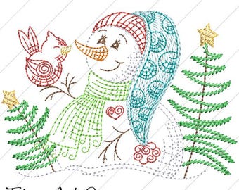 Winter Snowman and Redbird Machine Sketch Embroidery Design 4&quot;x4&quot; & 5&quot;x5&quot; Commercial Use Allowed
