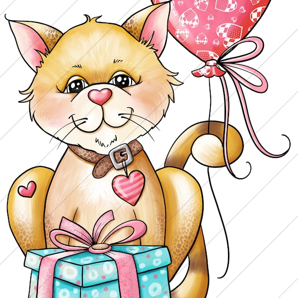 Geburtstag Katze mit Geschenk & Ballon - PNG Clipart Kommerzielle Nutzung Sofortiger Digitaler Download Dye Sublimation
