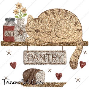May include: Embroidered design featuring a sleeping cat on a shelf with a "Pantry" sign. Includes a jar labeled "Jam", a vase with flowers, and decorative hearts and stars. The design is in shades of brown and beige.