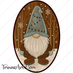 May include: An oval-shaped illustration of a winter gnome. The gnome has a long white beard, a blue hat adorned with stars, and a brown coat. The background features a snowy forest scene with snowflakes and bare trees. The text "TrinasArt.Com" is at the bottom.