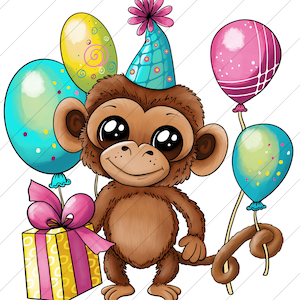 Birthday Monkey with Gift & Balloons   - PNG Clipart Commercial Use Instant Digital Download Dye Sublimation