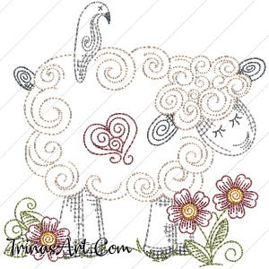 Puede incluir: Un diseño de bordado caprichoso que presenta una oveja estilizada con un corazón y flores. La oveja está delineada en remolinos marrones y dorados, con una cara en blanco y negro. El corazón es rojo y las flores son rosas, amarillas y verdes.