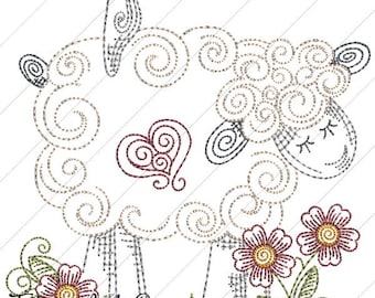 Primitive Sheep & Crow with Heart and Flowers 1 Machine Sketch Embroidery Design 4&quot;x4&quot; and 5&quot;x5&quot; Commercial Use Allowed