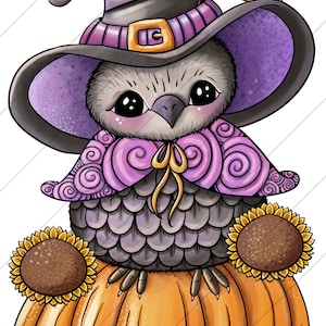 May include: A cute cartoon owl wearing a purple witch hat with a gold buckle and a purple cape with swirls. The owl is sitting on top of an orange pumpkin with two sunflowers on either side.