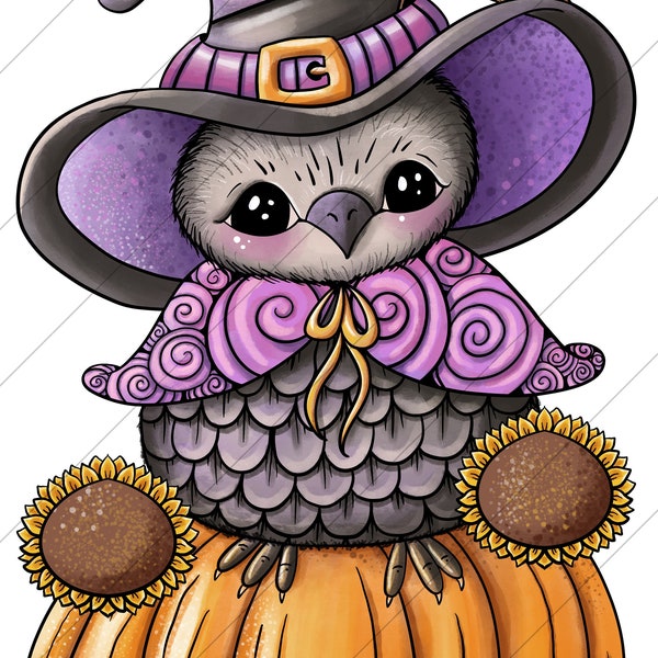 Halloween Crow 2 with Witch's Hat, Pumpkins, & Sunflowers - PNG Clipart Commercial Use Instant Digital Download Dye Sublimation