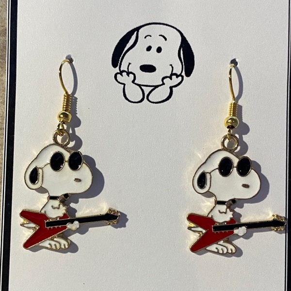 Rock n' Roll Earrings, Guitar Earrings, Dog with Guitar Earrings, Cartoon Dog Earrings