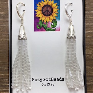 White Tassel Earrings, White Tassel, Earrings, Beaded, Sterling Silver, Fringe Earrings, White Fringe Earrings