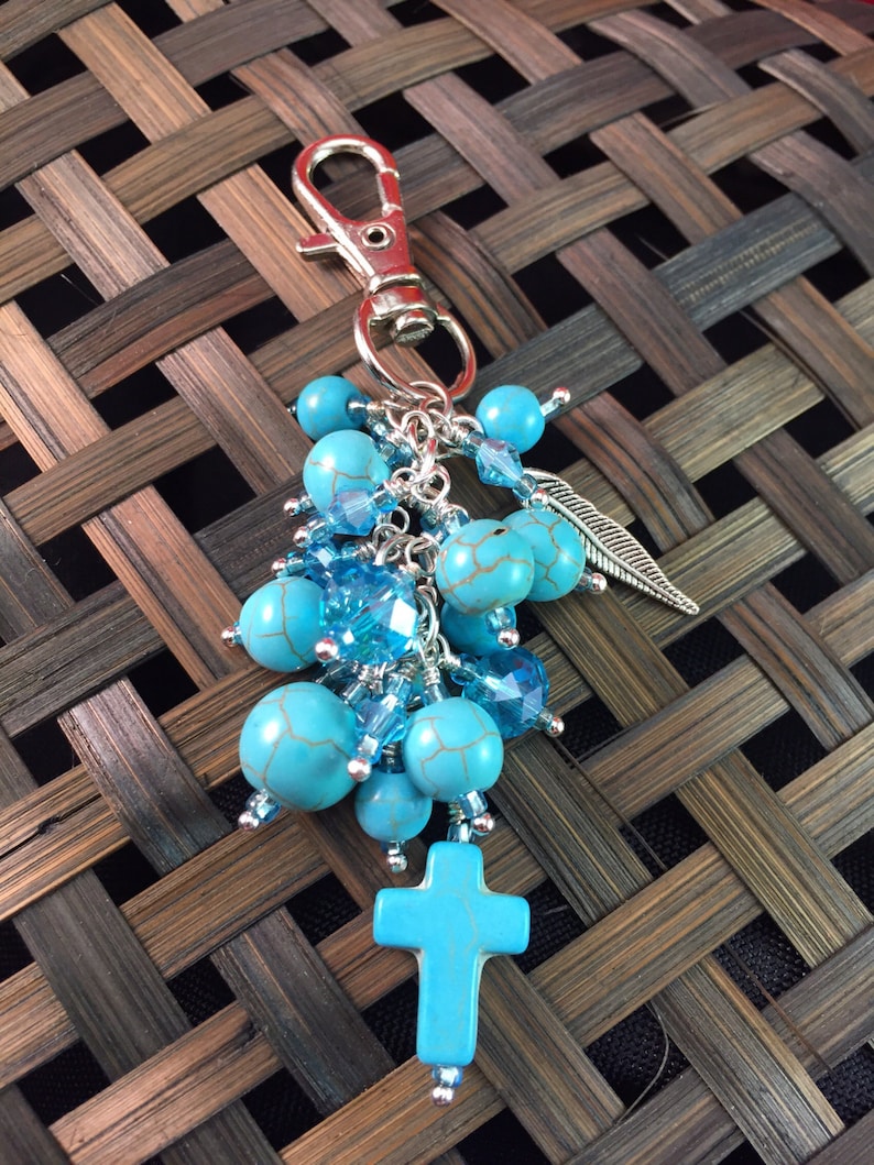 Zipper Pull Beaded Purse Charm Turquoise Purse Charm Turquoise Beads Item 711 Backpack Charm Cross Handbag Charm Bag Charm
