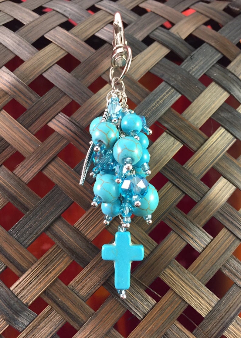 Zipper Pull Beaded Purse Charm Turquoise Purse Charm Turquoise Beads Item 711 Backpack Charm Cross Handbag Charm Bag Charm