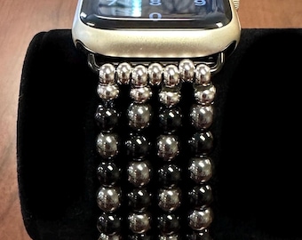 Genuine Black Onyx & Natural Hematite Beaded Apple Watch Band Bracelet