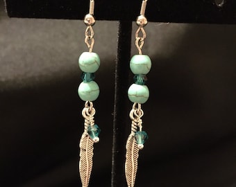 Turquoise Feather Earrings, Beaded Earrings, Feather, American Indian, Boho, Indian, Turquoise, Blue, Silver, Aztec, Native, Earrings