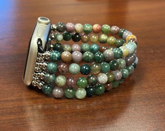 Indisk agat Apple Watch-armband, armband med naturliga ädelstenspärlor, magnetiskt spänne (valfritt), handgjort klockarmband med flera strängar