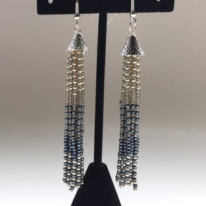 Beaded Tassel Earrings Silver and Gray Fringe Long Earrings Boho Jewelry