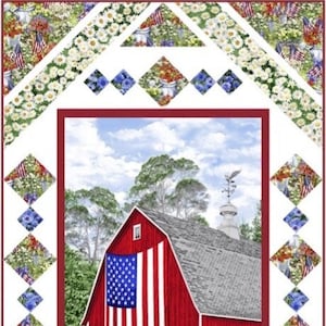 以下が含まれることがあります： 赤い納屋にアメリカの旗がかけられており、花畑に囲まれています。納屋には白いドアがあり、木製のX模様が描かれています。納屋は青い空と白い雲を背景にしています。