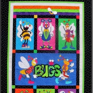 May include: A colorful quilt with a black background and white polka dots. The quilt features a variety of bugs, including a bee, a butterfly, and a ladybug. The word "BUGS" is written in green letters in the center of the quilt.