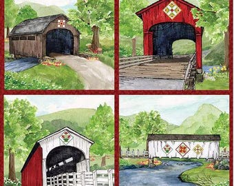 Covered Bridge, Block Fabric Pillow Panel with Barn Quilts for Riley Blake #33**
