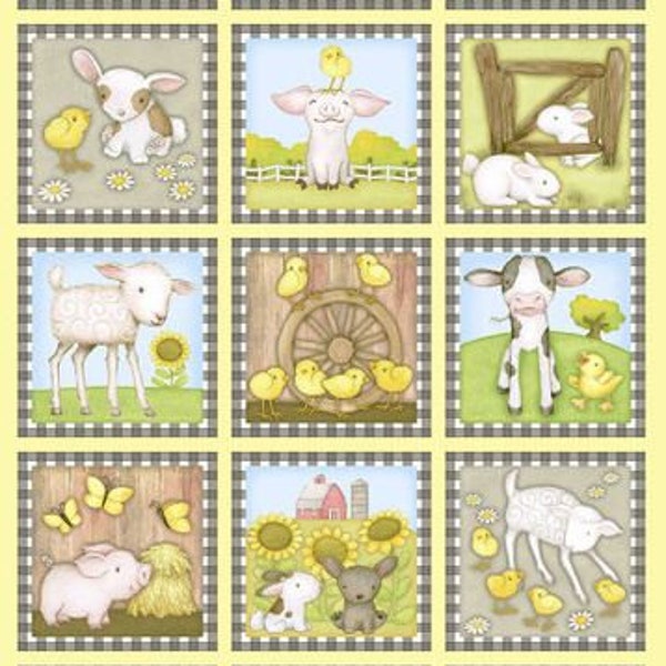 Farm Babies Blocks Fabric Panel by Henry Glass #54