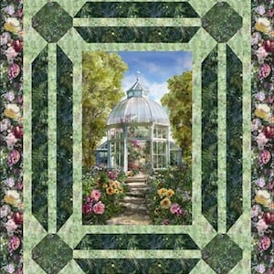 May include: A green and white quilt with a floral border and a central image of a glass greenhouse surrounded by flowers and a stone path.