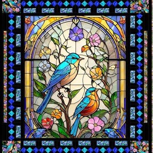 May include: A stained glass window design featuring two bluebirds perched on a branch with colourful flowers. The birds are surrounded by green leaves and flowers in shades of pink, yellow, and purple. The window is framed by a black border with a blue and white diamond pattern.