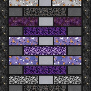 May include: A quilt block pattern with a Halloween theme. The quilt block is made up of 12 different fabric squares. The fabrics feature various Halloween designs, including bats, ghosts, pumpkins, and cats. The quilt block is framed with a black border.