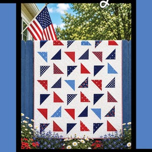 May include: A quilt pattern titled Breezy by Tricia Lynn Maloney for Orphan Quilt Designs for Villa Rosa Designs. The cover features a white quilt with red, white, and blue triangular fabric patches in solid, polka dot, and star patterns.