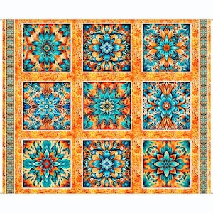 May include: A fabric panel featuring a grid of nine square blocks, each displaying a symmetrical floral mandala pattern in vibrant shades of turquoise, orange, and yellow, separated by an orange textured border and vertical side strips.