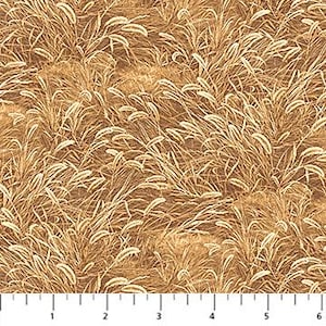 May include: Fabric with a repeating pattern of tall, beige grasses against a brown background. The grasses have feathery tops and are densely packed, creating a textured appearance. A ruler is at the bottom of the image, showing inches.