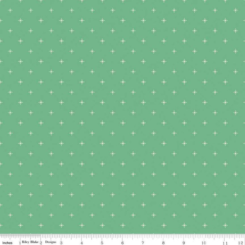 May include: A solid green fabric with a repeating pattern of small, white starburst designs. The fabric is measured in inches, with a ruler along the bottom edge. The text "Riley Blake Designs" is visible.