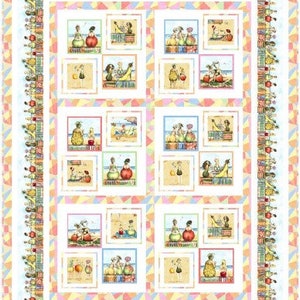 May include: A colorful quilt with a repeating pattern of women in bathing suits and beach umbrellas. The quilt is framed by a border of colorful geometric shapes.