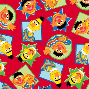 May include: A red background with a repeating pattern of Sesame Street characters. The characters are Big Bird, Elmo, and Cookie Monster. They are all smiling and wearing different outfits.