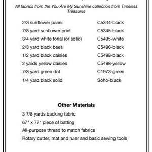 May include: A quilting pattern for a Sunny Garden quilt, measuring 59 inches by 69 inches. The pattern includes a list of materials needed, including fabric colors and yardage, as well as other materials like batting and thread. The pattern is from Pine Tree Country Quilts.