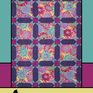 May include: A quilt pattern titled Dahlia by Melissa Milligan for Villa Rosa Designs. The quilt features a grid of square blocks with floral dahlia prints in yellow, pink, and blue, separated by dark purple geometric shapes and teal borders.