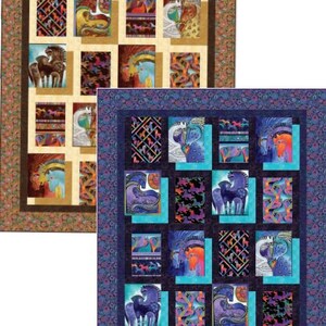 May include: Two quilt blocks featuring a patchwork design with a central square surrounded by smaller squares. The top block has a brown background with a beige border and features a colorful horse design. The bottom block has a blue background with a purple border and features a colorful horse design.