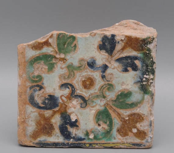 Azulejo - Spanish Moorish Mudejar Olambrilla Tile, Cuerda Seca - Sevilla 16th century
