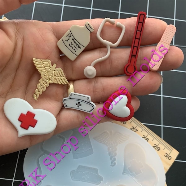 Adhesive bandages-stethoscope-hat-heart-medicine bottle-thermometer silicone mold for Fondant-Resin-crafts-Clay-Candy-Jewelry making.