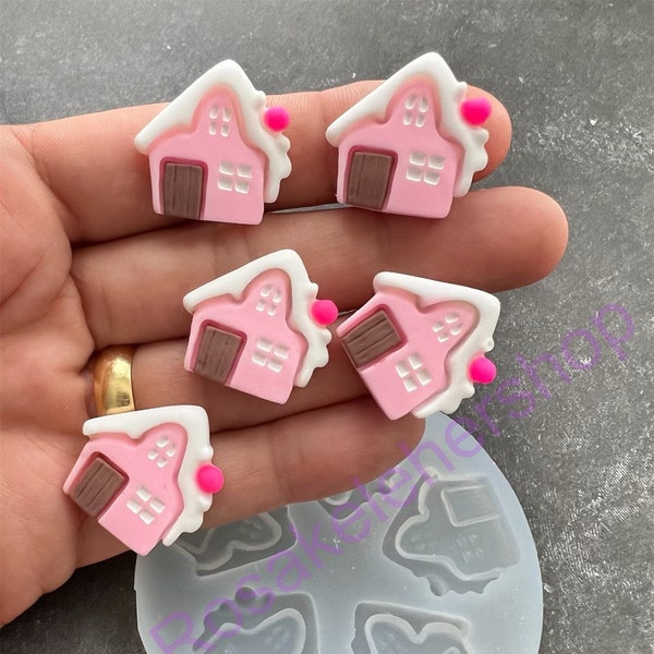 5 Cavities little house silicone mold  Fondant-Resin-Gumpaste-Clay-Candy-Jewelry-crafts-doll house-sweet house