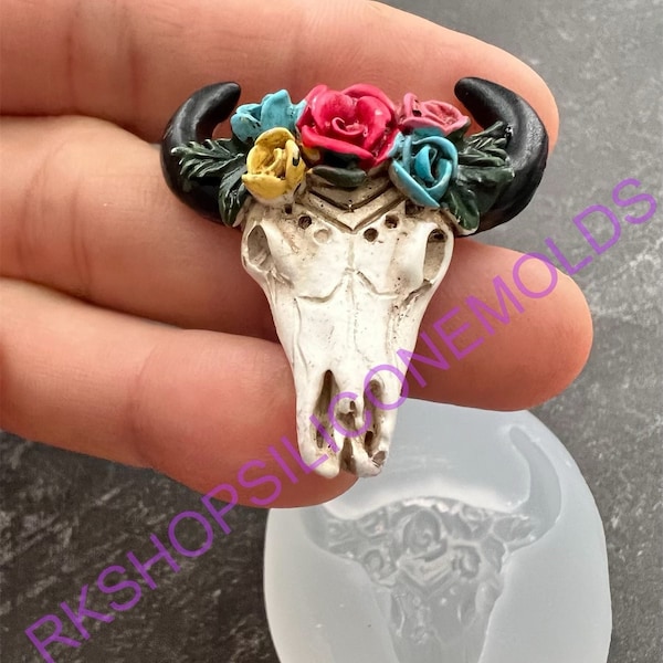 Flower Cow skull head small size silicone mold-animal mold-pendant-jewelry-Resin-handmade mold-handcrafts