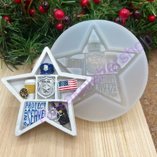 Police star Christmas ornament handmade silicone mold-police hat-flag-badge-cuffs-walk talk radio for crafts-clay-chocolate-candy and more.