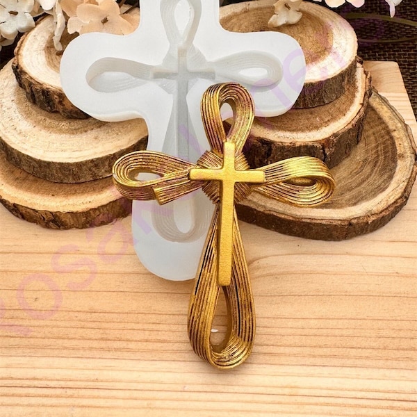 Golden bow Cross handmade silicone mold-Fondant-Resin-Clay-Candy-chocolate-crafts-plaster-hot glue-Christmas ornament-religious-church mold.