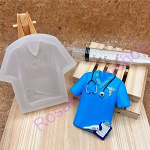 Doctor-nurse scrub shirt-thermometer-syringe-stethoscope handmade silicone mold for Fondant-Resin-crafts-Clay-wax-chocolate-candy and more.