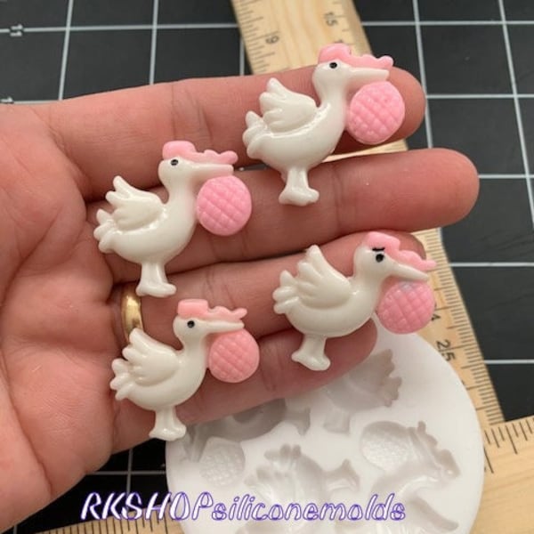 Stork Baby shower silicone mold for Fondant-Resin-polymer Clay-Candy-Jewelry-handcrafts-chocolate-wax-soap embeds-handmade molds-bird mold