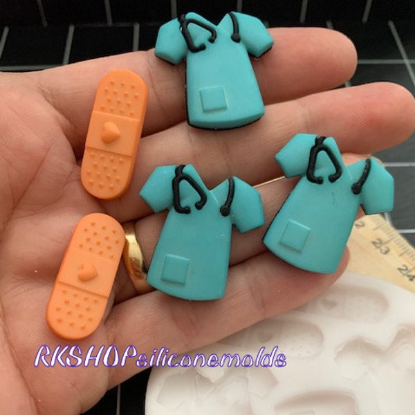 Adhesive bandages-doctor-nurse-scrub uniform-heart handmade silicone mold for Fondant-Resin-crafts-Clay-chocolate-Jewelry making and more.