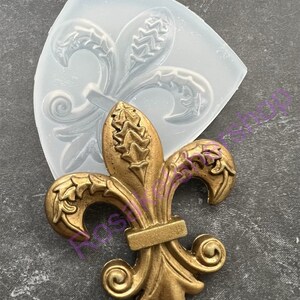 May include: A gold-colored metal fleur-de-lis design with intricate details. The design is shown next to a clear silicone mold of the same design.