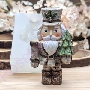 Wooden style Christmas Nutcracker with tree handmade silicone mold-Holidays ornaments for Fondant-Resin-Clay-chocolate-candy-craft supplies.