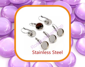 Stainless steel blank Earring Settings Lever Back Bezels for Cabochons-12mm Glue Pad Setting -DIY Jewelry-Crafts