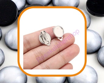 SILVER Tone blank Earring Clips Settings Bezels Cabochons-12mm Glue Pad Setting-DIY Jewelry making-crafts