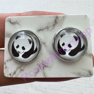 Glass photo Cabochon 12mm Panda stud earrings-Stainless Steel Stud Earrings-abstract Studs-gold/silver studs-resin earrings
