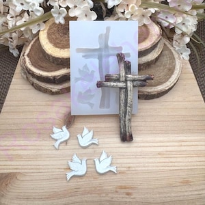 Wood design cross with pigeons handmade silicone mold-Fondant-Resin-Clay-Candy-chocolate-crafts supplies-Christmas ornament-religious mold.